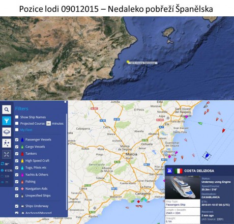 Pozice lodi 09012015 - Nedaleko pobřeží Španělska - Středozemní moře